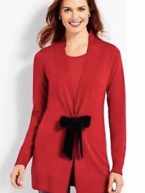 Talbots 100% merino wool Red Open-Front Cardigan with Black velvet tie size L